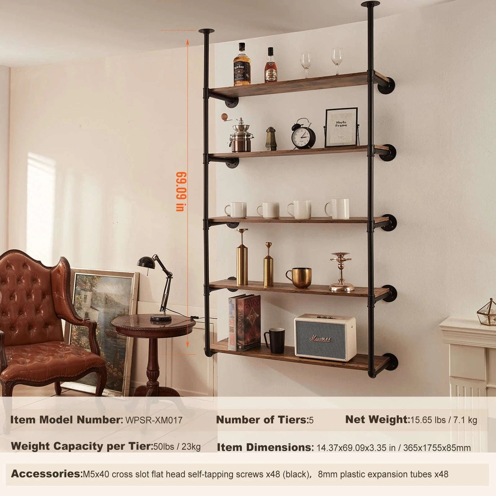 Industrial Pipe Wall Mount Floating Shelf Rack-4 Tiers 3 strokes / United States