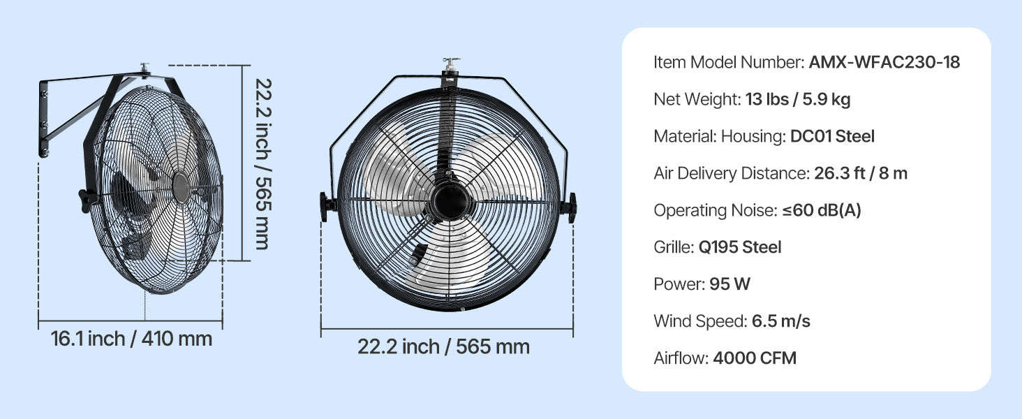 Industrial Wall Mount Fan High Velocity Waterproof Aluminum Blades for Workshop Warehouse Greenhouse-95 W / United States