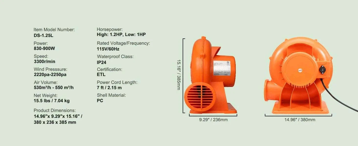 Inflatable Blower for Bounce Houses & Water Slides 1100–1300W-950w / United States