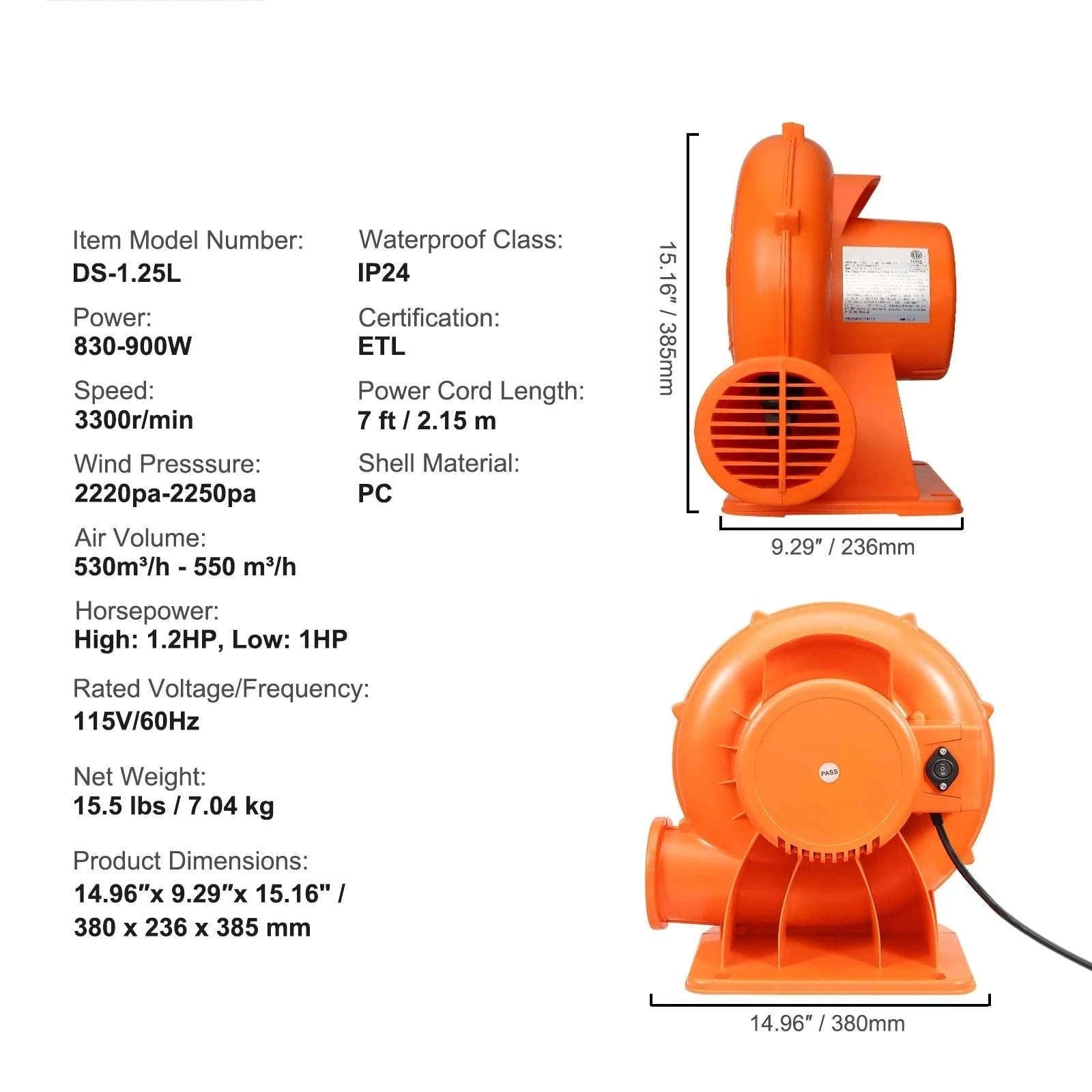 Inflatable Blower for Bounce Houses & Water Slides 1100–1300W-950w / United States