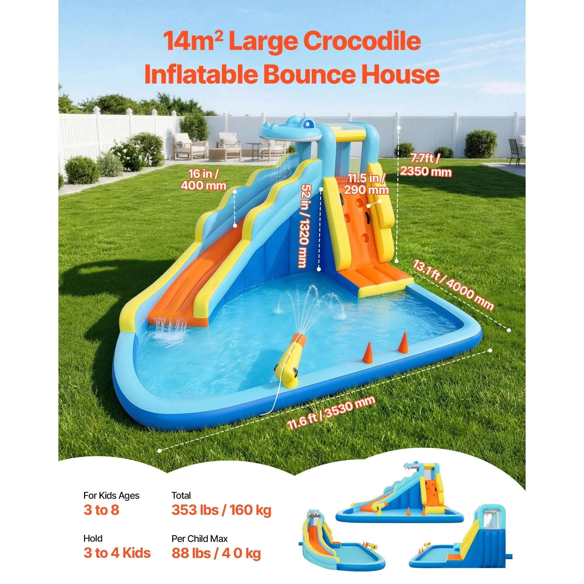 Inflatable Bounce House Water Slide with Splash Pool & Climbing Wall-11.6 x 13.1 x 7.7 ft / United States