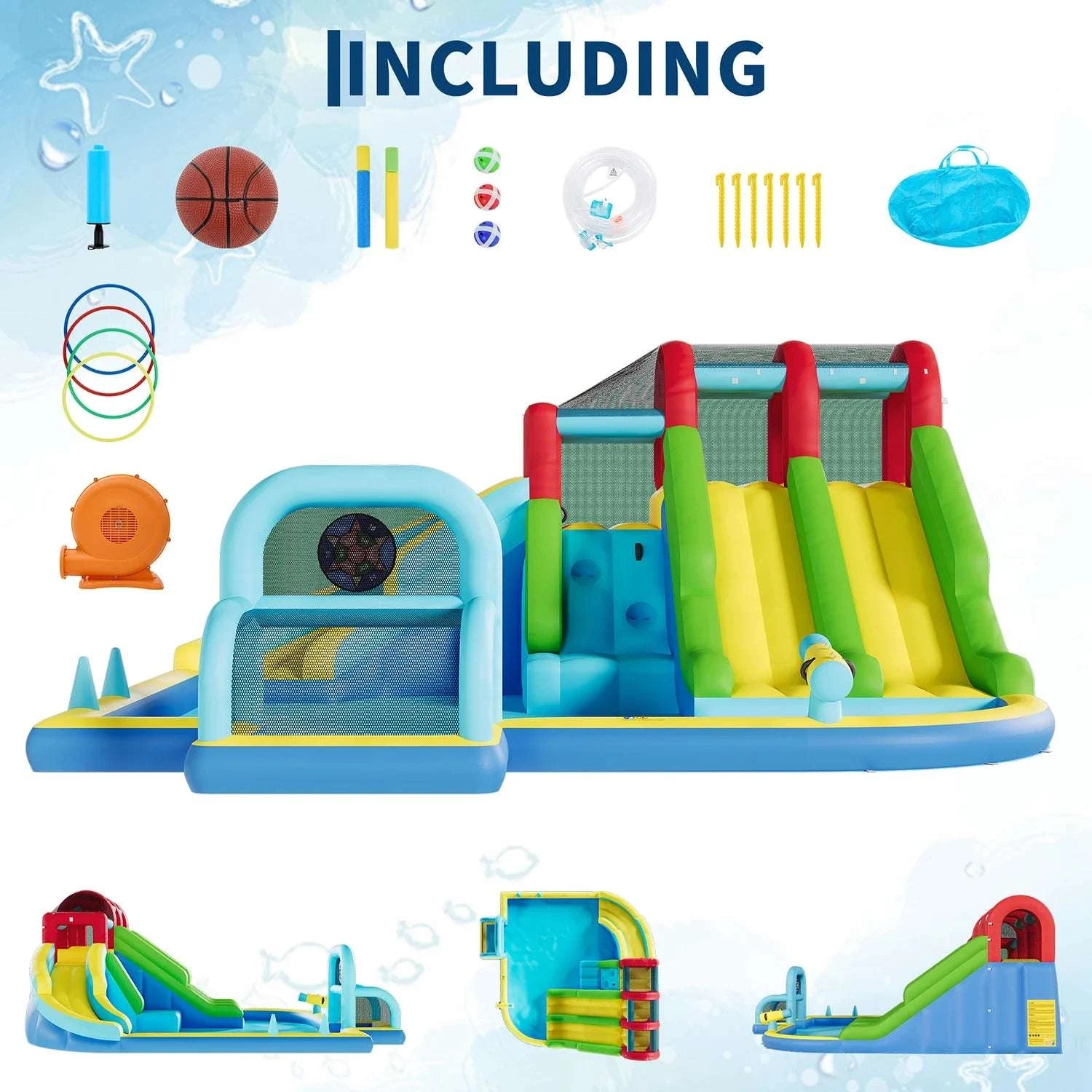 Inflatable Bounce House with 3 Slides & Splash Pool for Kids-United States