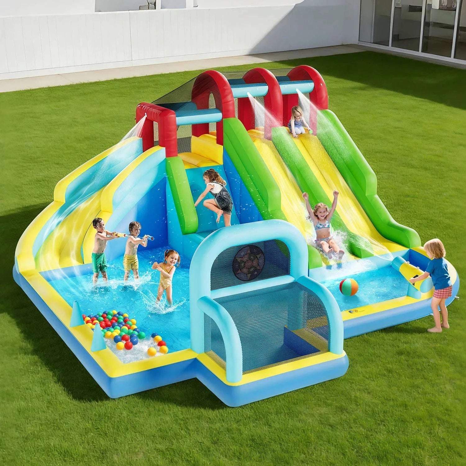 Inflatable Bounce House with 3 Slides & Splash Pool for Kids-United States