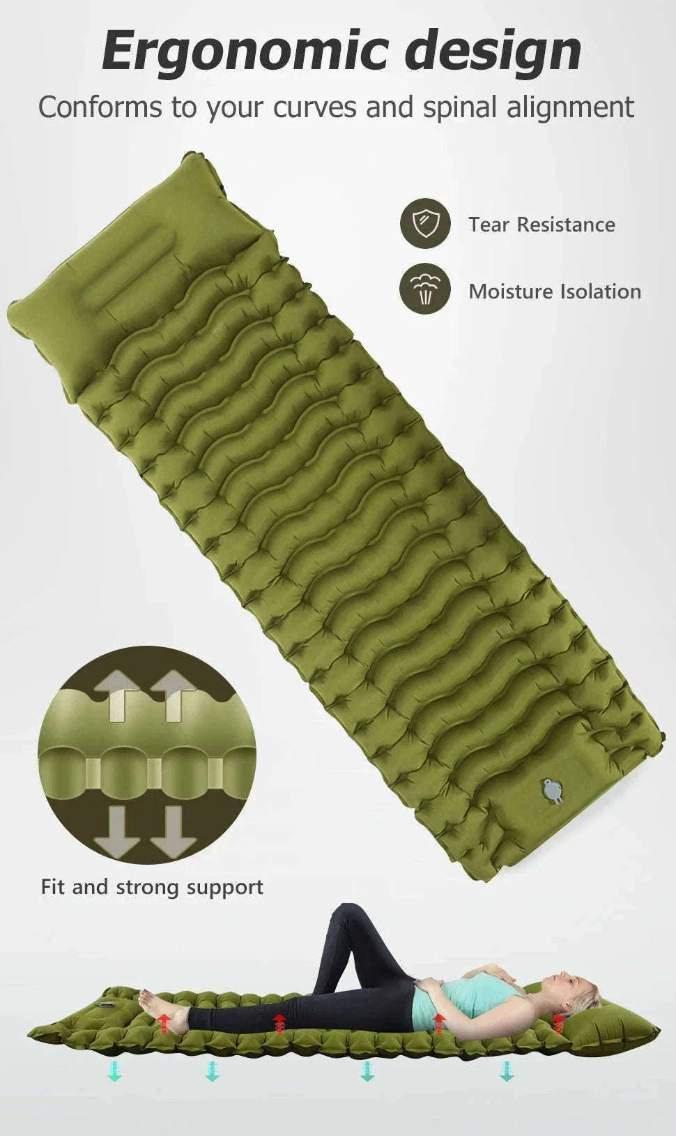 Inflatable Camping Mattress with Built-In Pillow and Pump-Green / One Seat