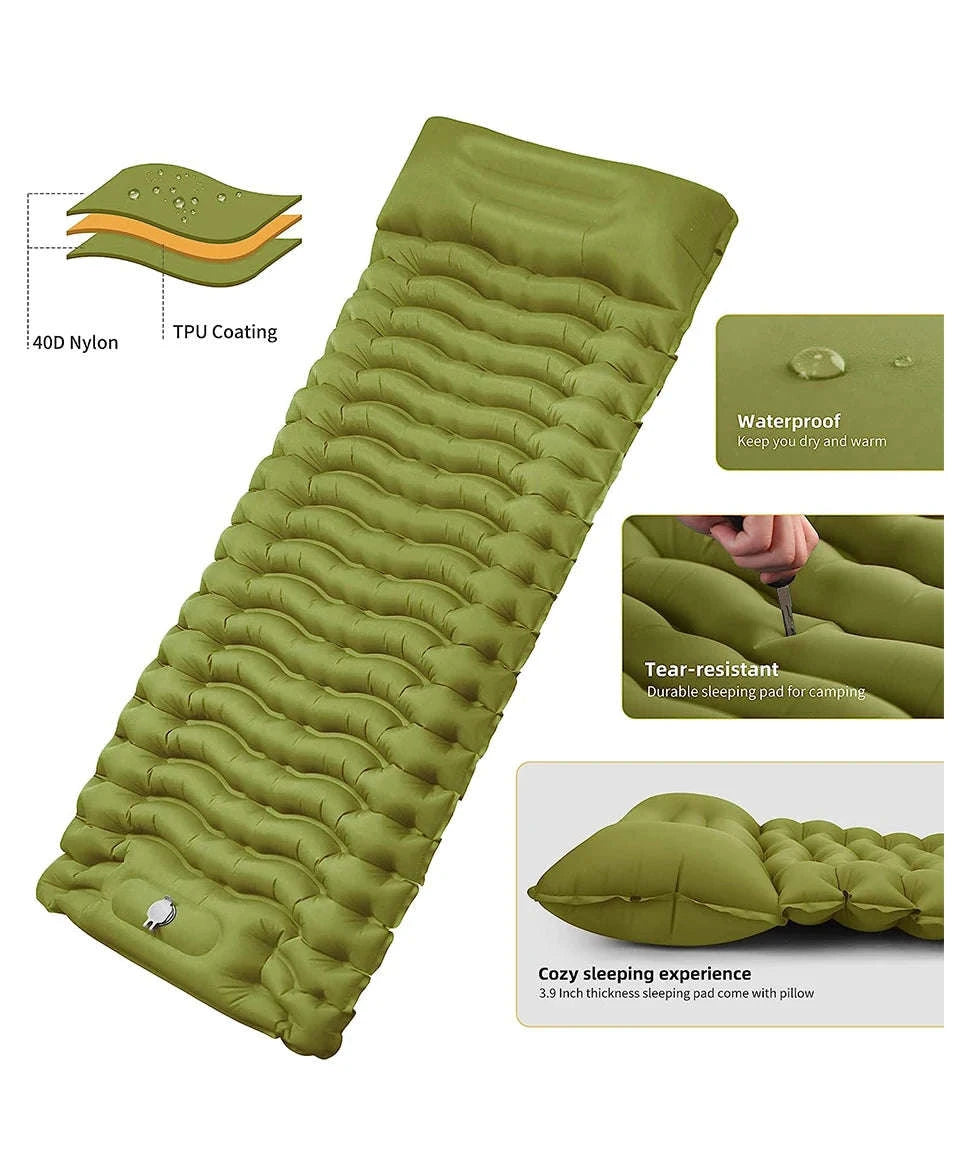 Inflatable Camping Mattress with Built-In Pillow and Pump-Green / One Seat