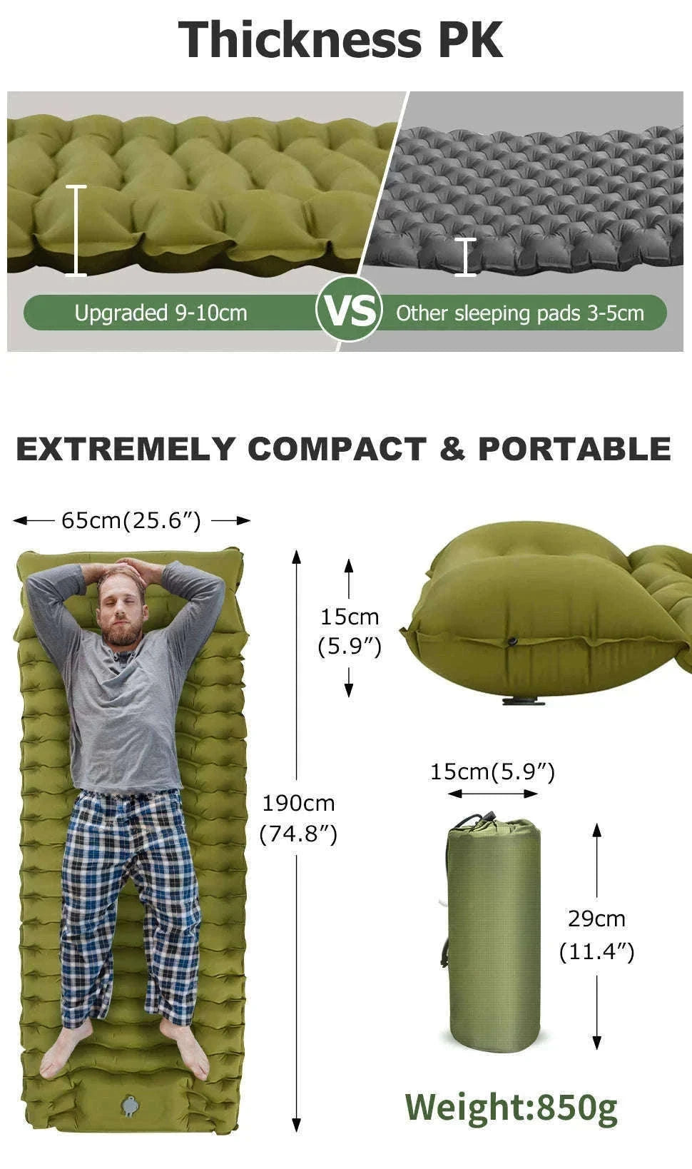 Inflatable Camping Mattress with Built-In Pillow and Pump-Green / One Seat