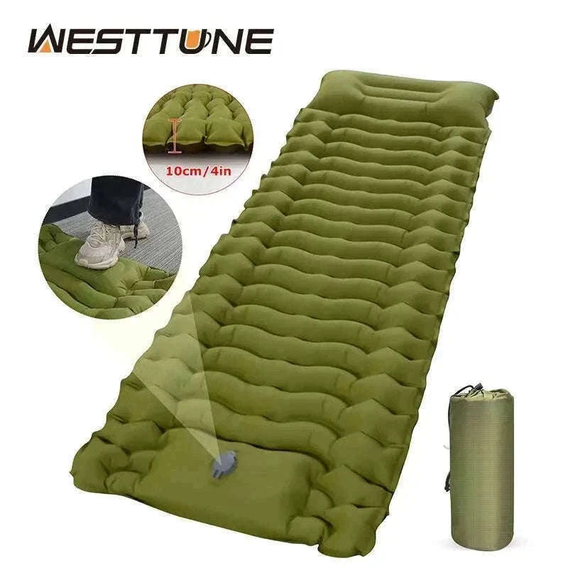 Inflatable Camping Mattress with Built-In Pillow and Pump-Green / One Seat
