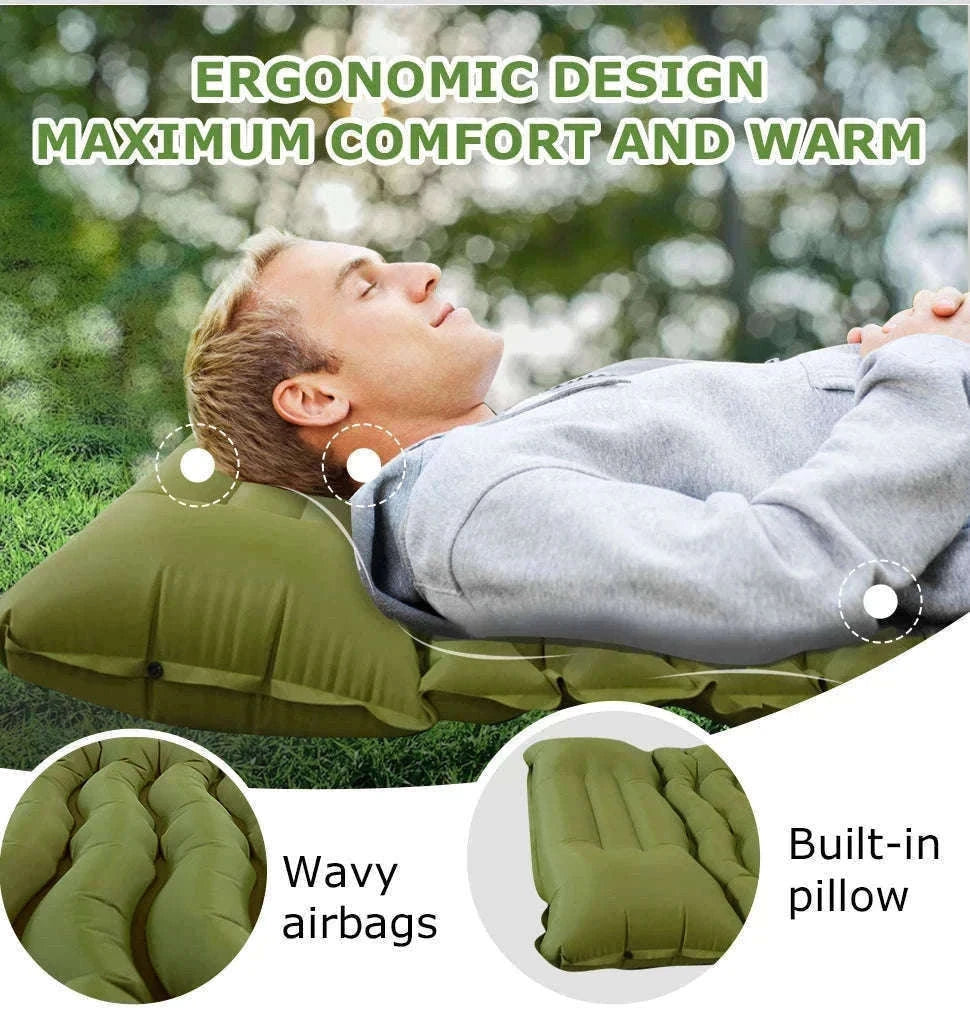 Inflatable Camping Mattress with Built-In Pillow and Pump-Green / One Seat