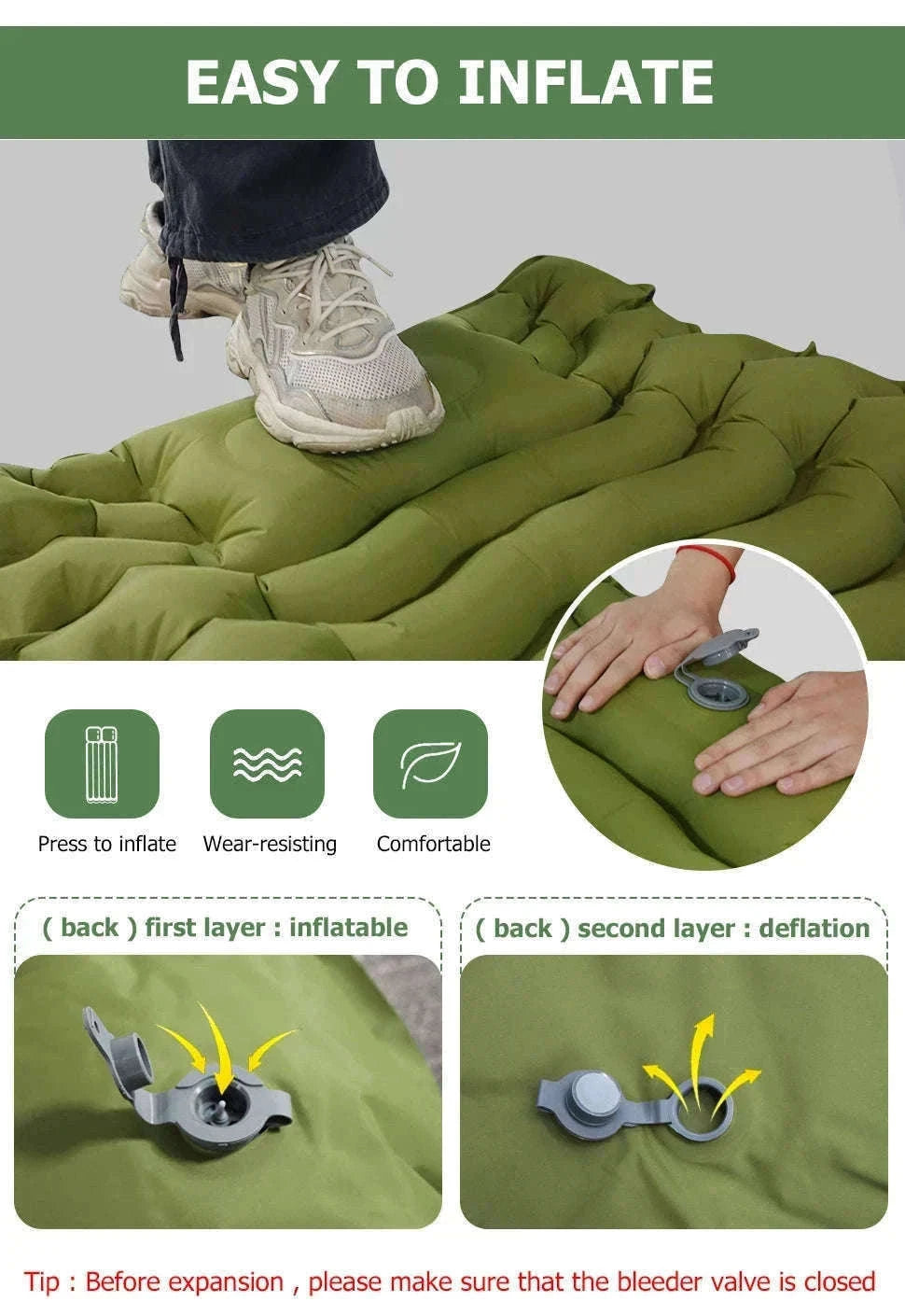 Inflatable Camping Mattress with Built-In Pillow and Pump-Green / One Seat
