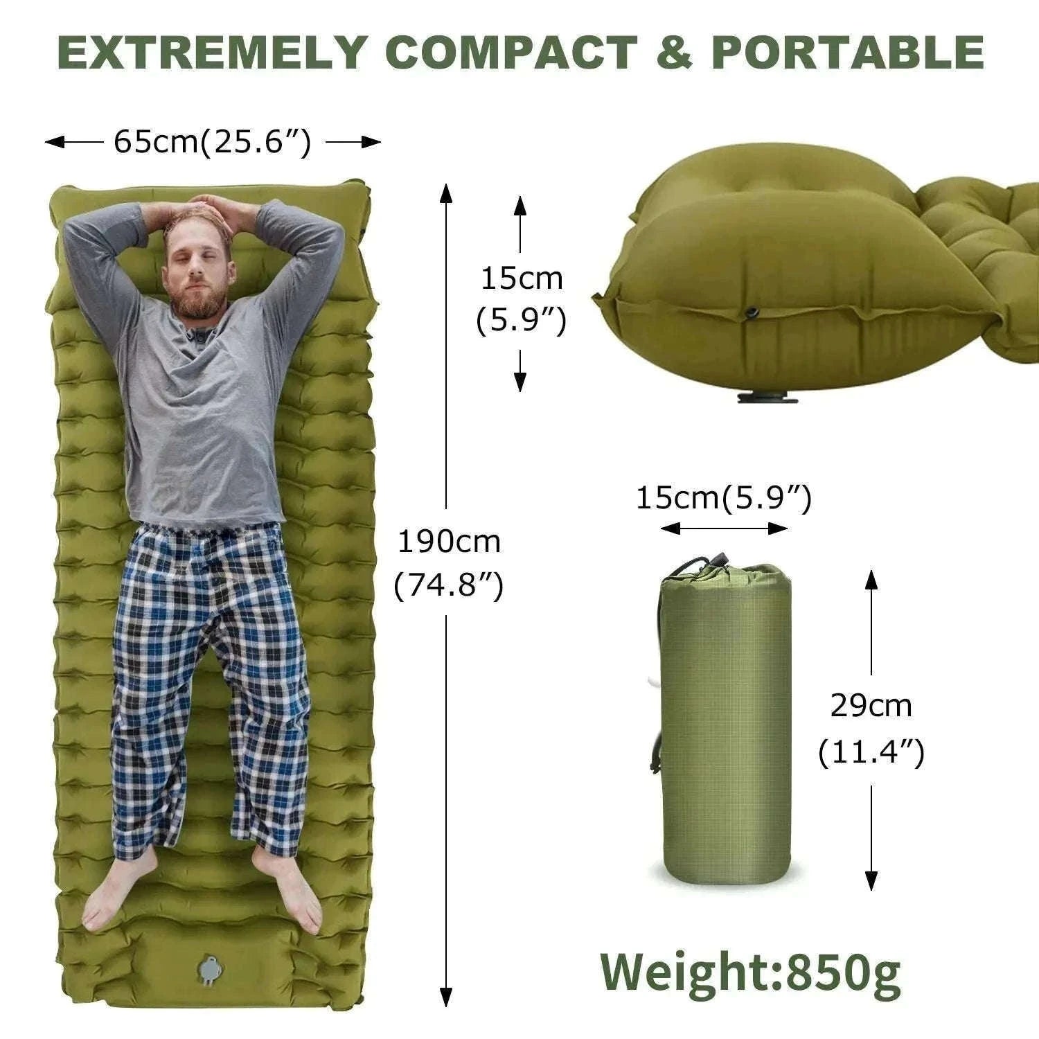 Inflatable Camping Mattress with Built-In Pillow and Pump-Green / One Seat