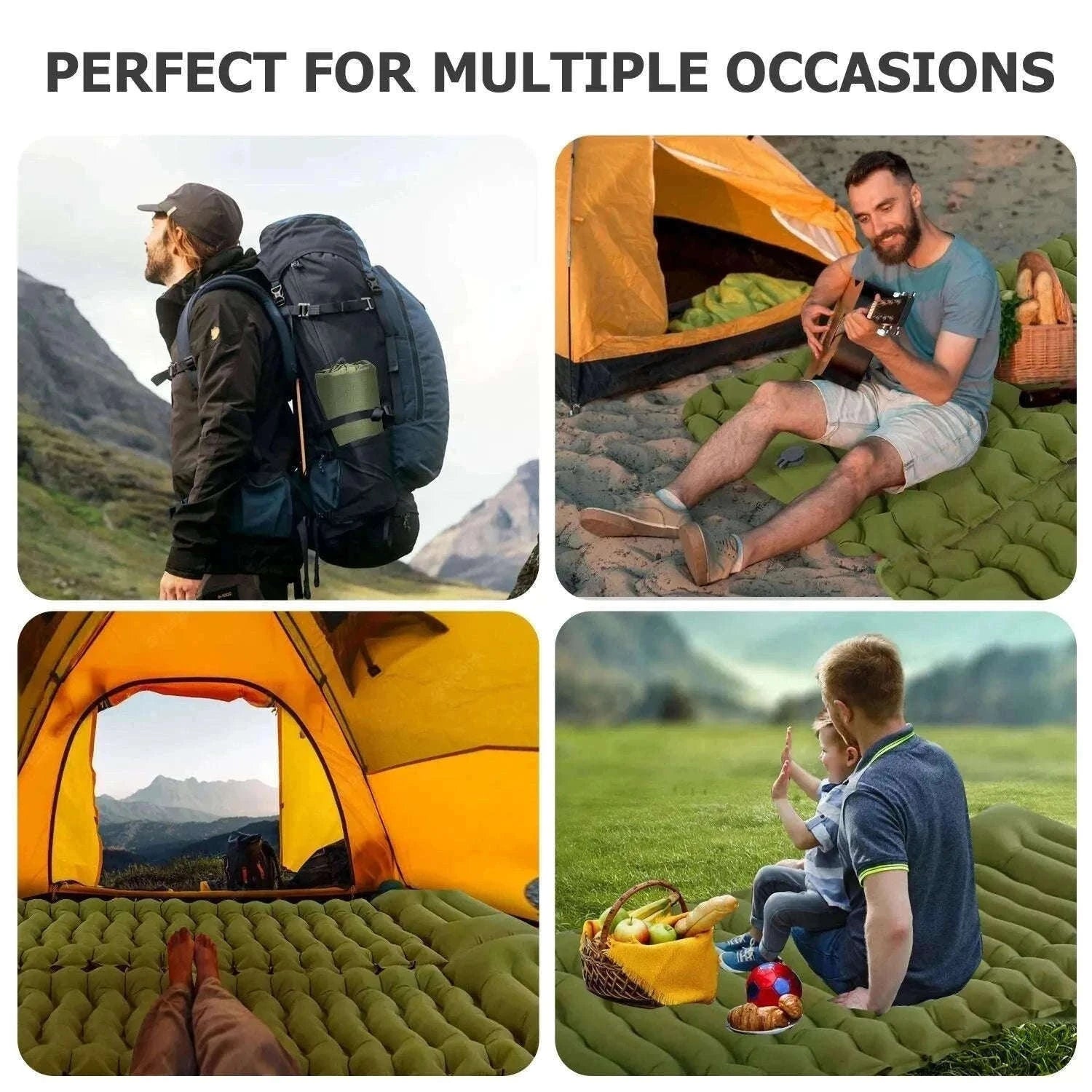 Inflatable Camping Mattress with Built-In Pillow and Pump-Green / One Seat