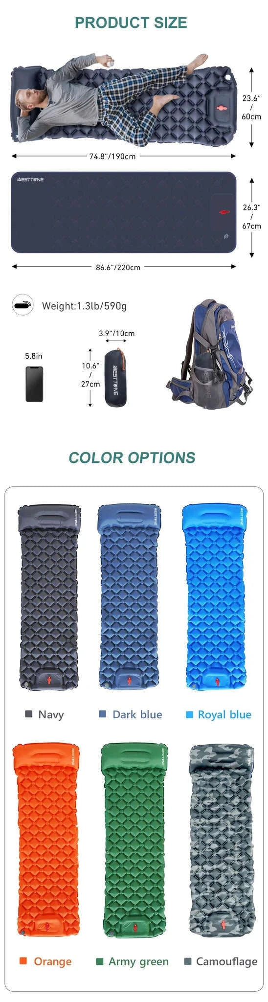 Inflatable Camping Mattress with Built-In Pump and Pillow-Royal Blue
