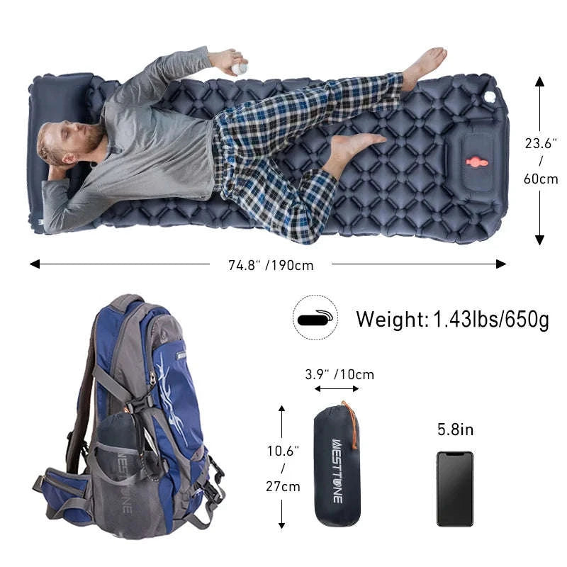 Inflatable Camping Mattress with Built-In Pump and Pillow-Royal Blue
