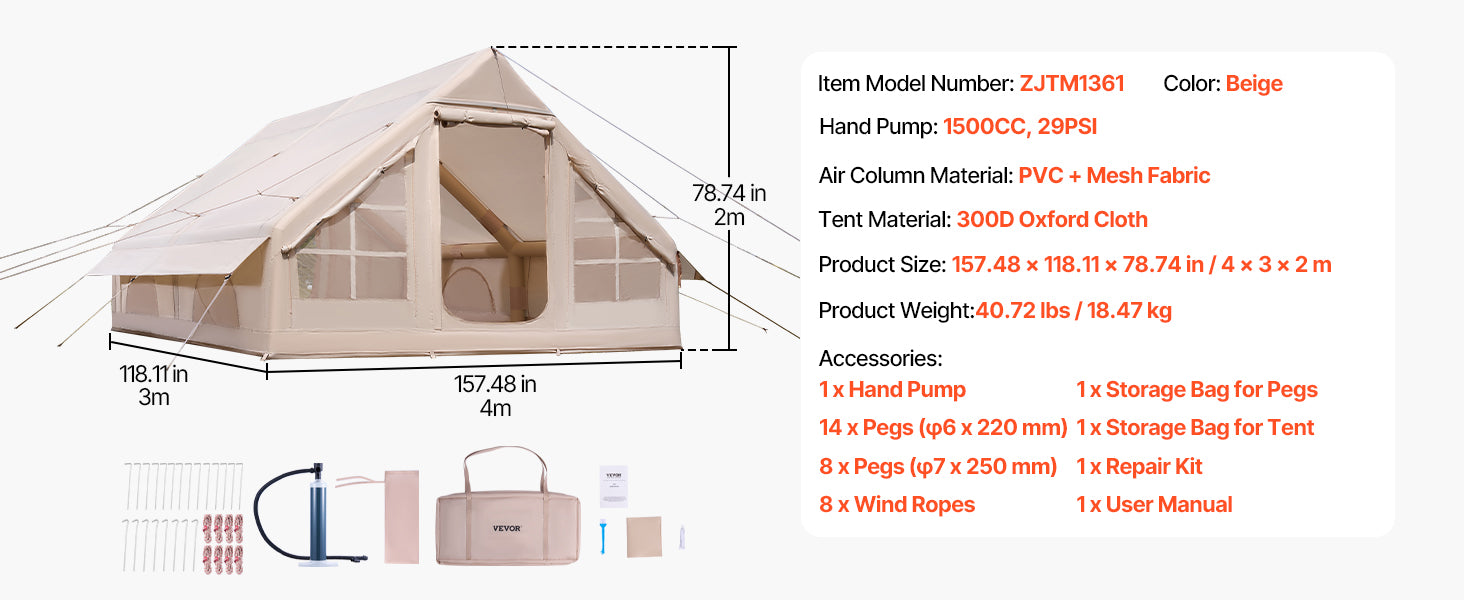 Tente de camping gonflable avec pompe, tente imperméable en Oxford pour 3 à 5 personnes