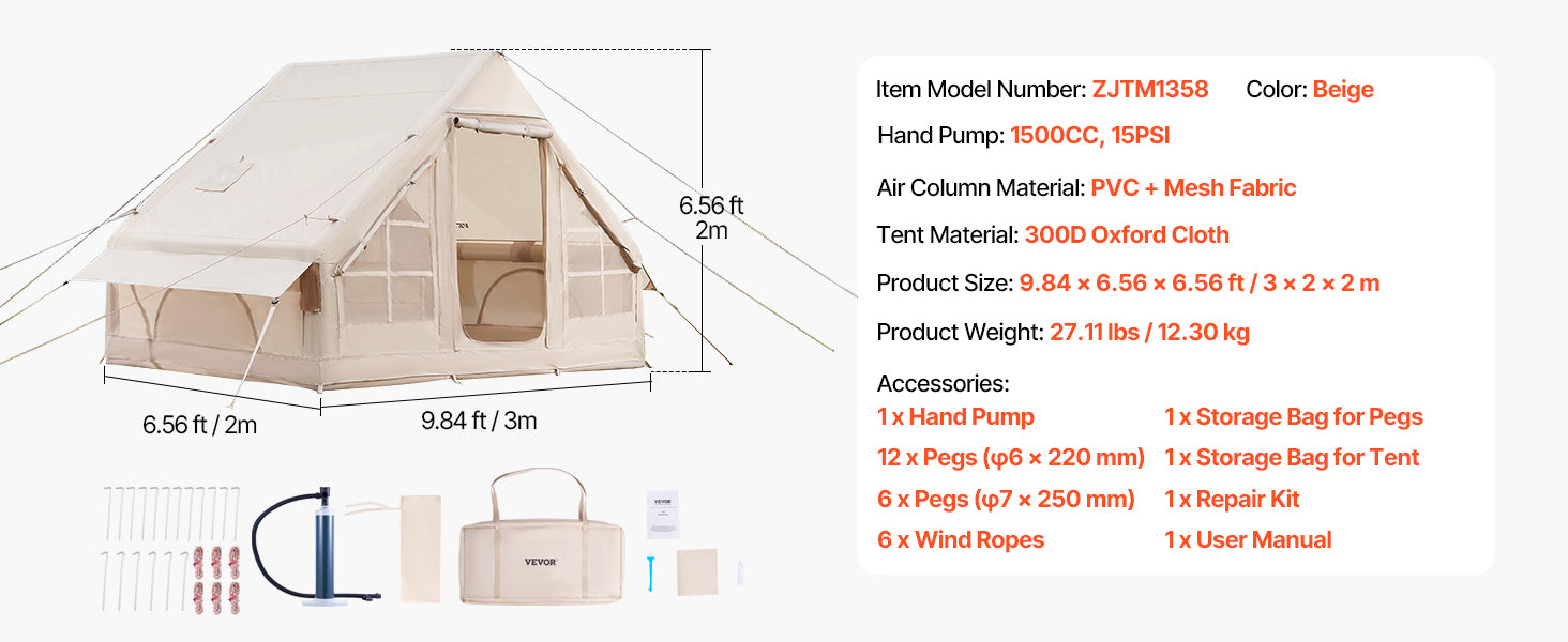 Tente de camping gonflable avec pompe, tente imperméable en Oxford pour 3 à 5 personnes