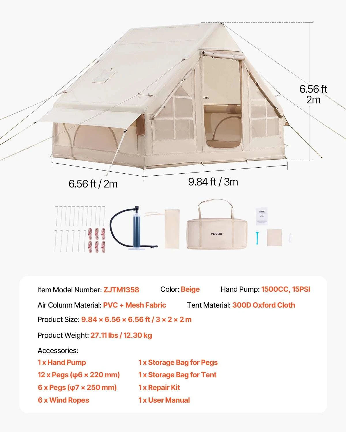 Inflatable Camping Tent with Pump, 3-5 Person Waterproof Oxford Tent-3x3.1m / United States