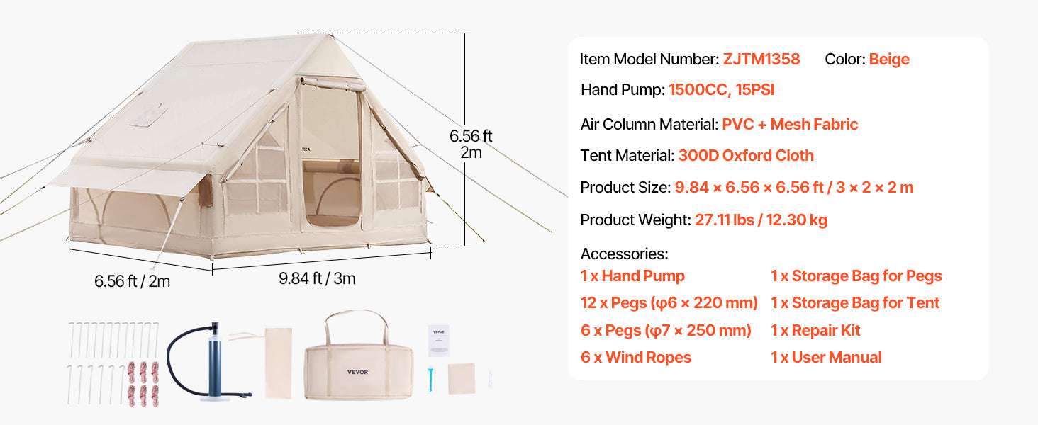 Inflatable Camping Tent with Pump, 3-5 Person Waterproof Oxford Tent-3x3.1m / United States