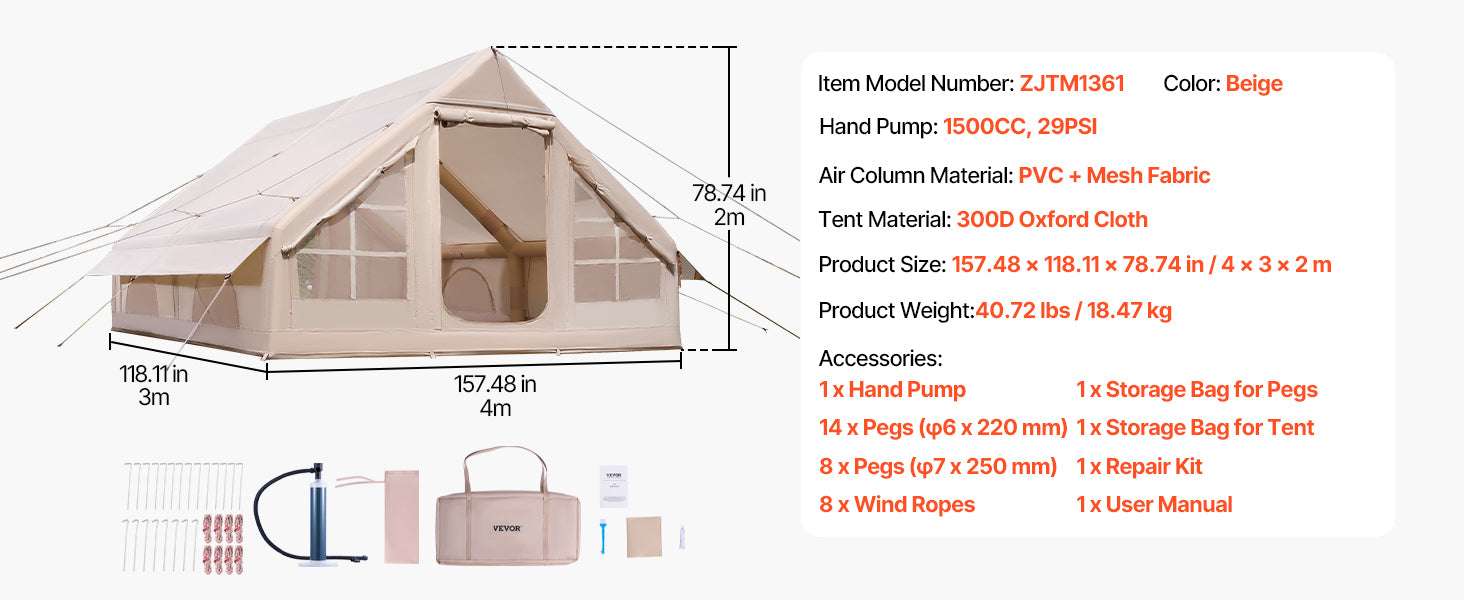 Inflatable Camping Tent with Pump, 3-5 Person Waterproof Oxford Tent-3x3.1m / United States
