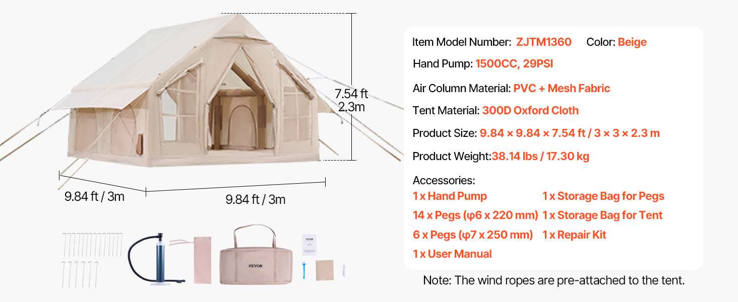 Inflatable Camping Tent with Pump, 3-5 Person Waterproof Oxford Tent-3x3.1m / United States
