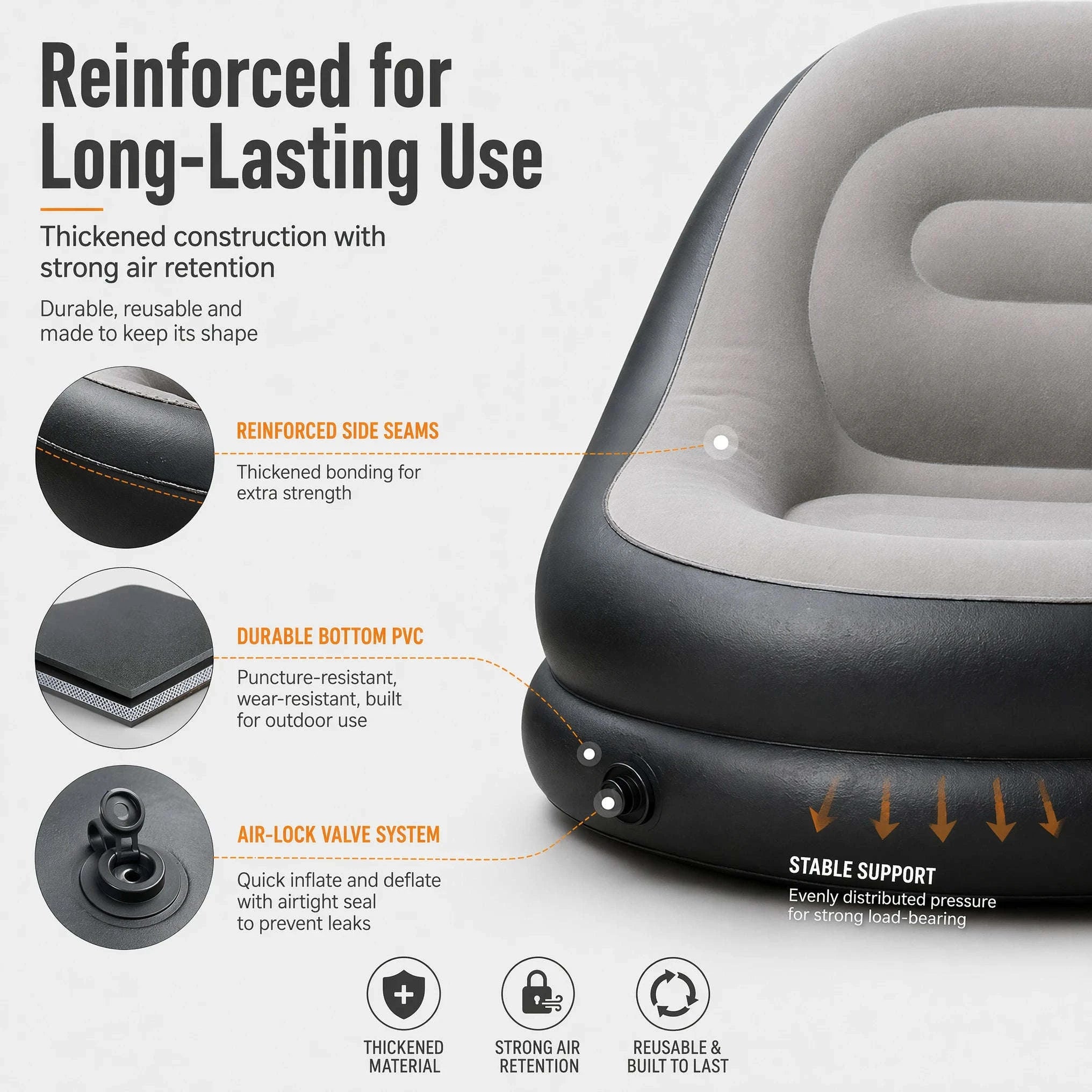 Inflatable Flocking Lazy Sofa Set with Foot Stool-GRAY / United States