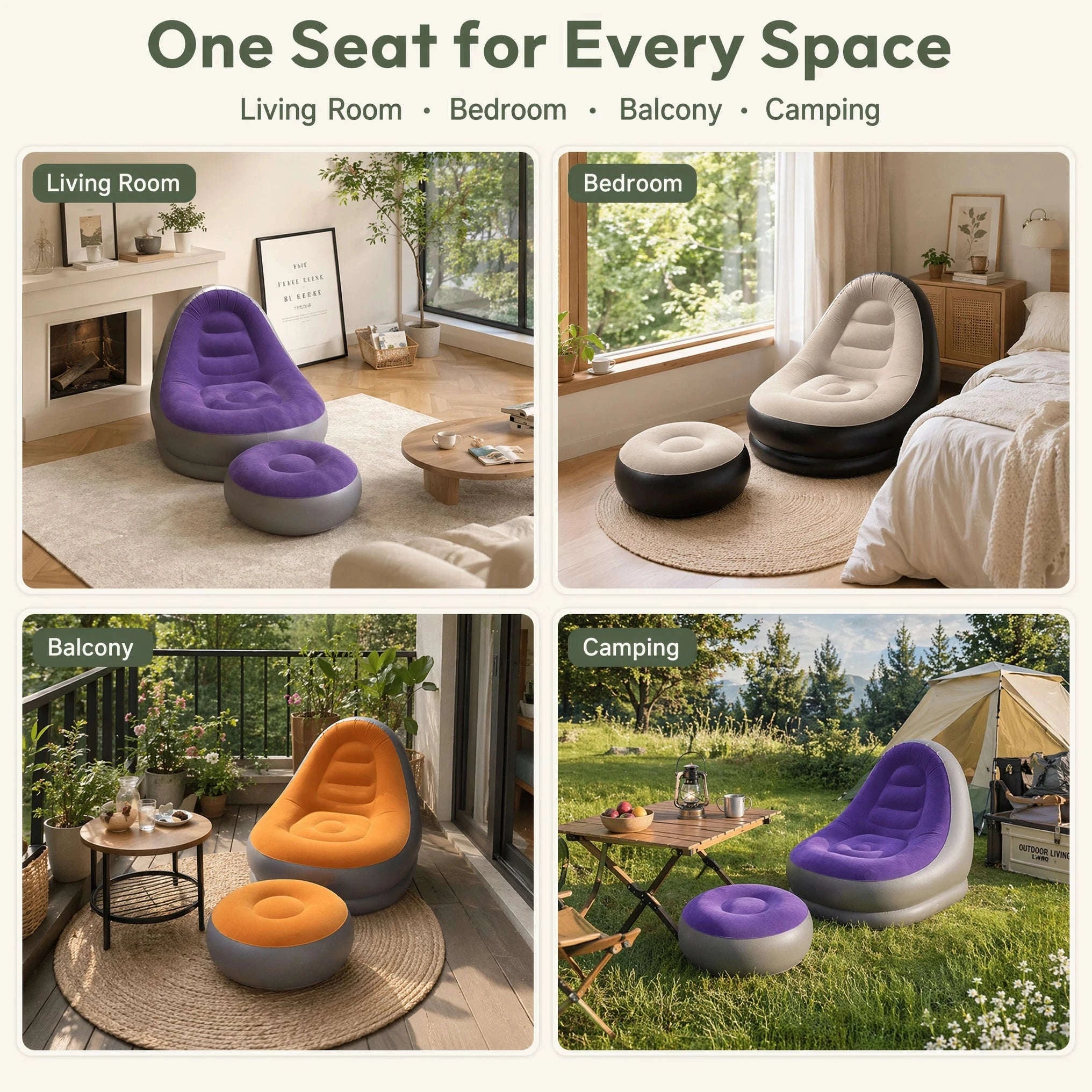 Inflatable Flocking Lazy Sofa Set with Foot Stool-GRAY / United States