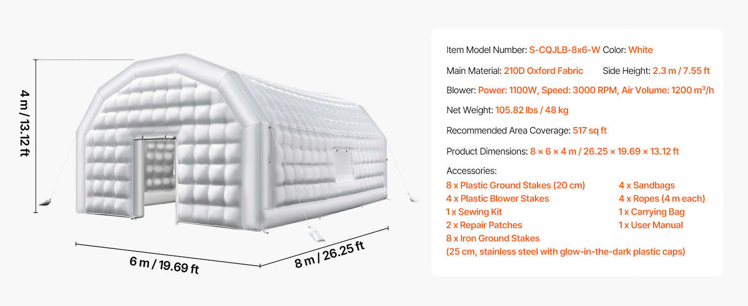 Inflatable Party Tent with Blower and Sandbags-8x6x4m White Dome / United States