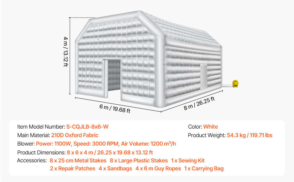 Inflatable Party Tent with Blower and Sandbags-8x6x4m White Dome / United States