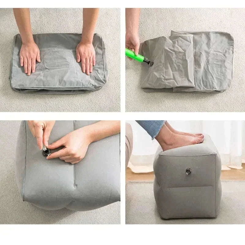 Inflatable Travel Footrest Pillow for Planes, Cars & Kids Comfort-3 layer-Blue