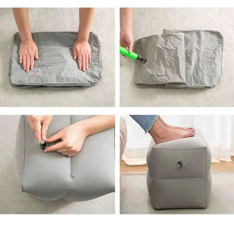 Inflatable Travel Footrest Pillow for Planes, Cars & Kids Comfort-3 layer-Blue