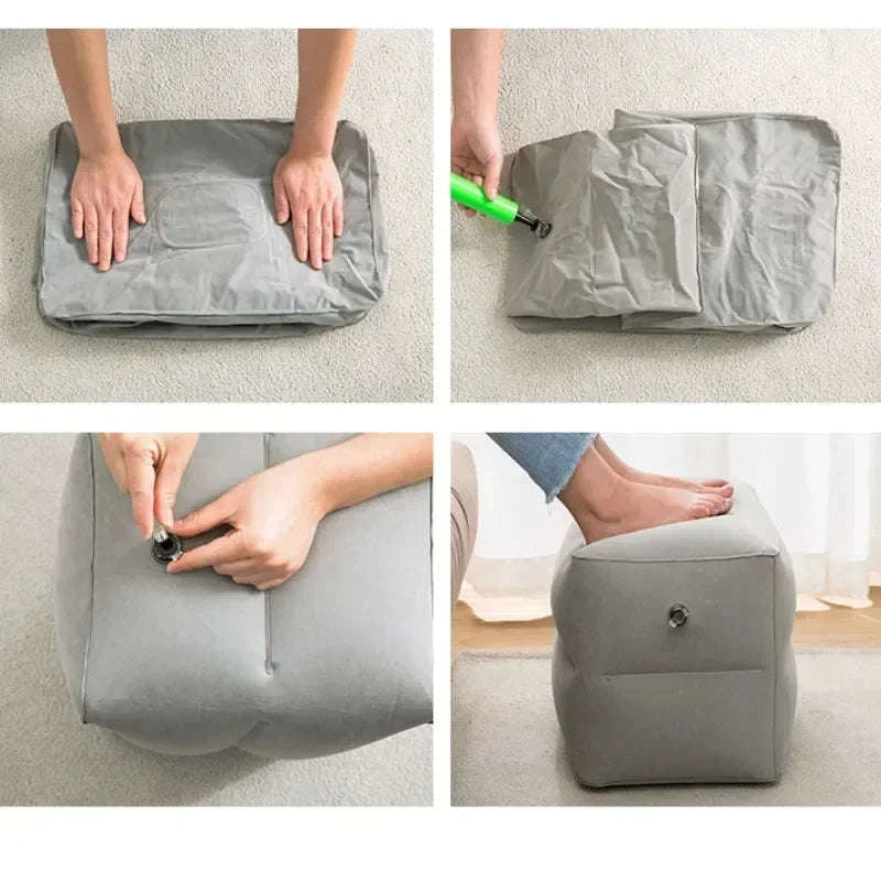 Inflatable Travel Footrest Pillow for Planes, Cars & Kids Comfort-3 layer-Blue