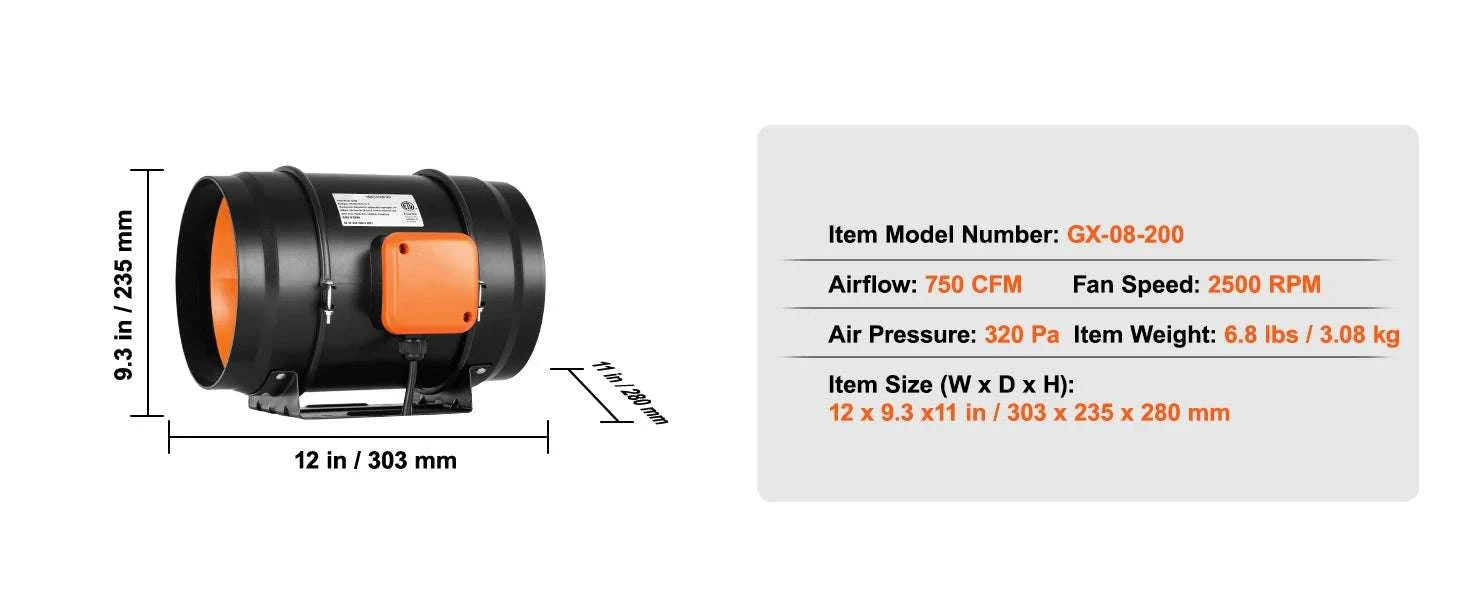 Inline Duct Fan with Temp & Humidity Control for Ventilation-AC 8in / United States