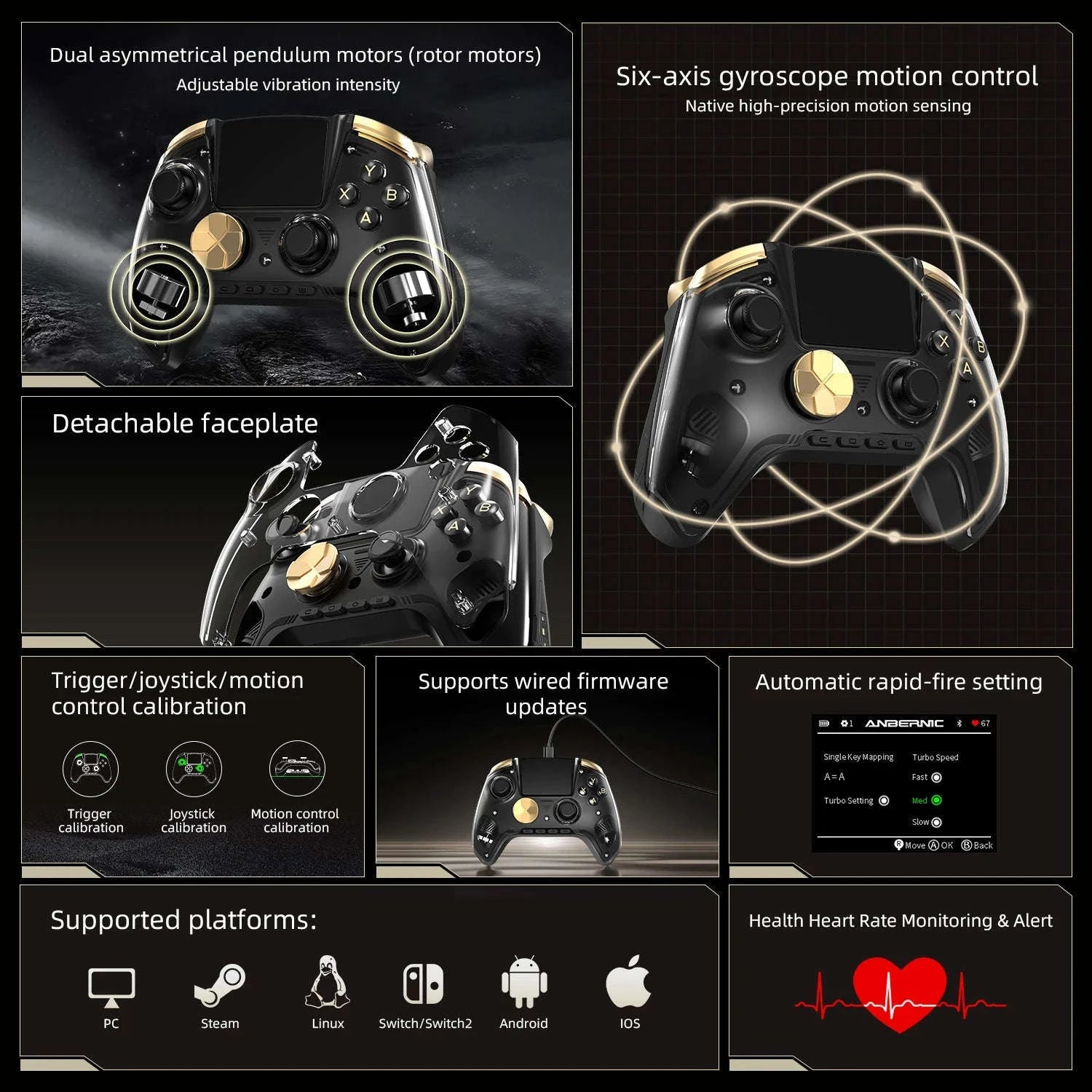 Interactive Screen Wireless Gaming Controller for PC, Steam, Linux, Android, Switch, iOS-Yellow / United States