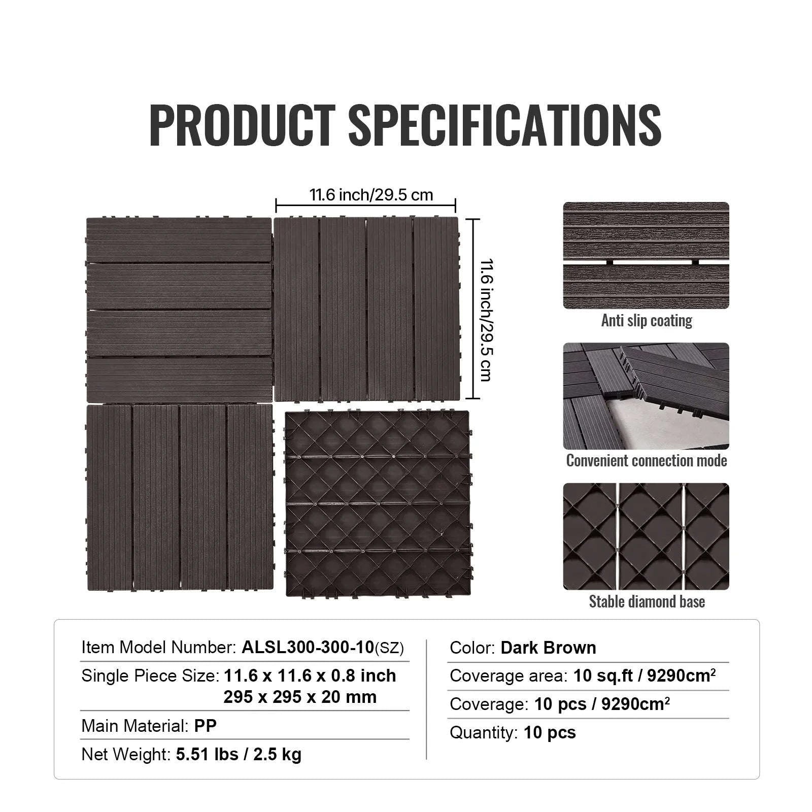 Interlocking Deck Tiles Waterproof Outdoor Flooring for Patio and Poolside-54pcs Dark Brown / United States