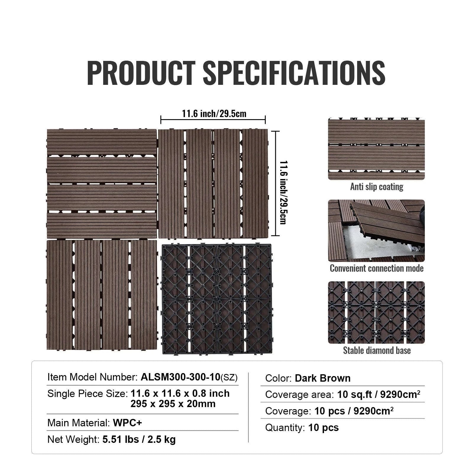 Interlocking Deck Tiles Waterproof Outdoor Flooring for Patio and Poolside-54pcs Dark Brown / United States