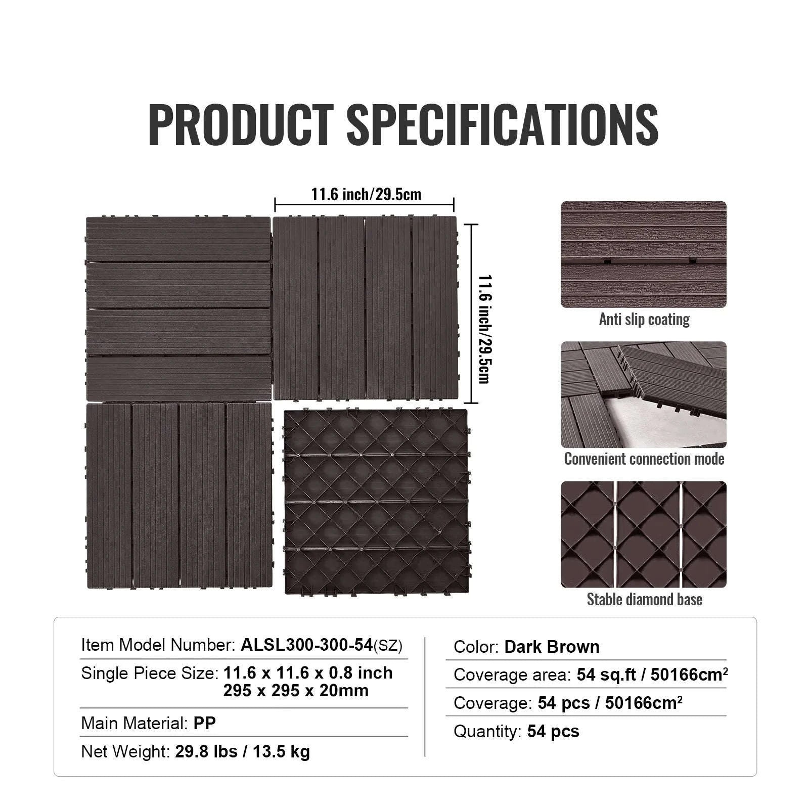 Interlocking Deck Tiles Waterproof Outdoor Flooring for Patio and Poolside-54pcs Dark Brown / United States