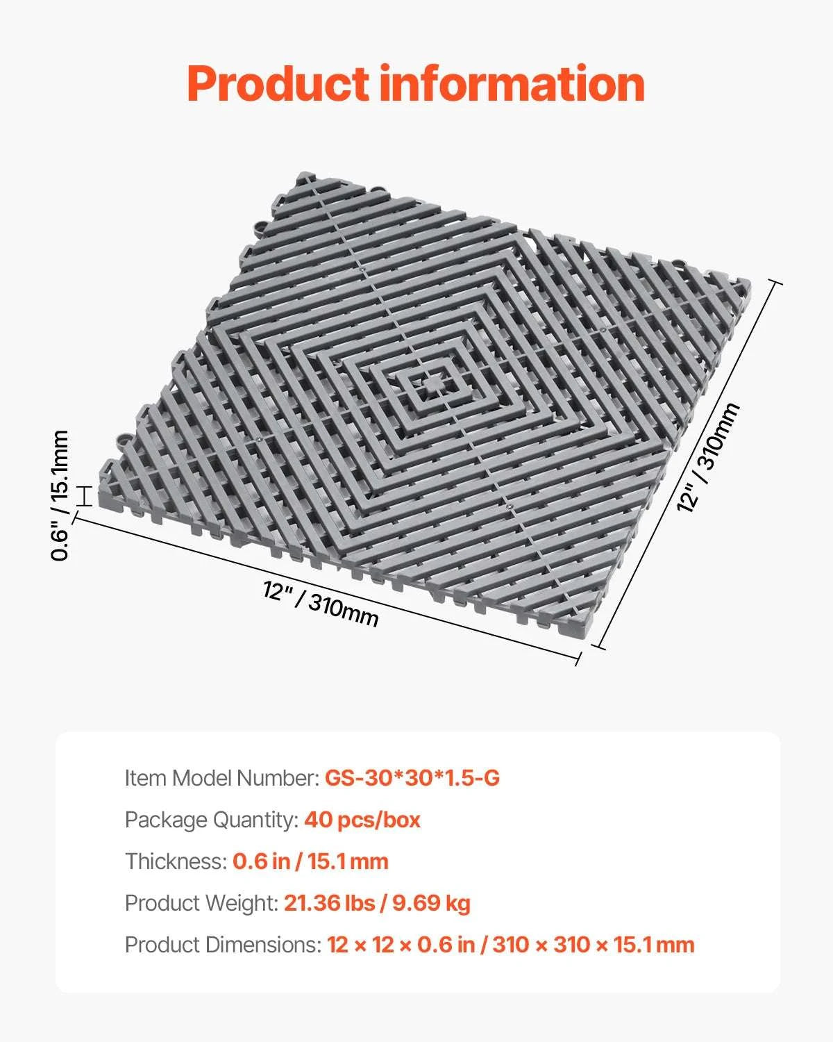 Interlocking Drainage Floor Mats 12x12in Non-Slip Modular Tiles-40 PCS Gray / United States