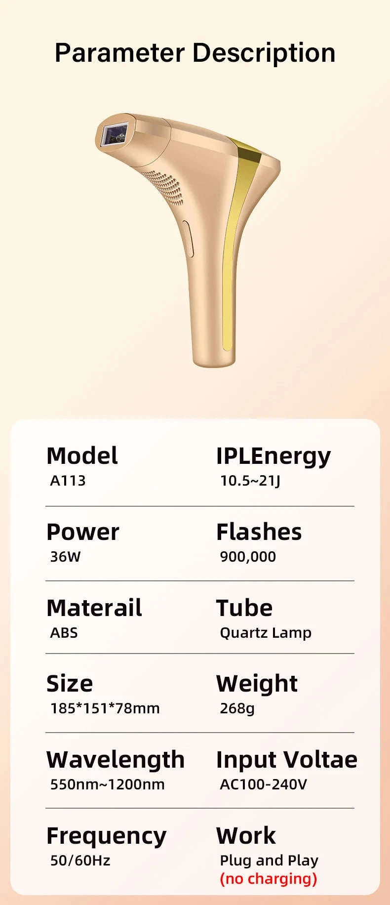 IPL Laser Hair Removal Device with Ice Cooling, 4-in-1 Face & Body-golden / JP / Mexico