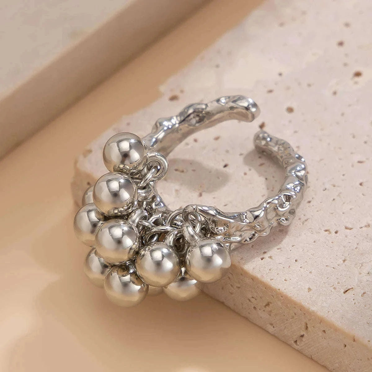 Irregular Metal Ball Ring with Adjustable Open Fit-Silver Color