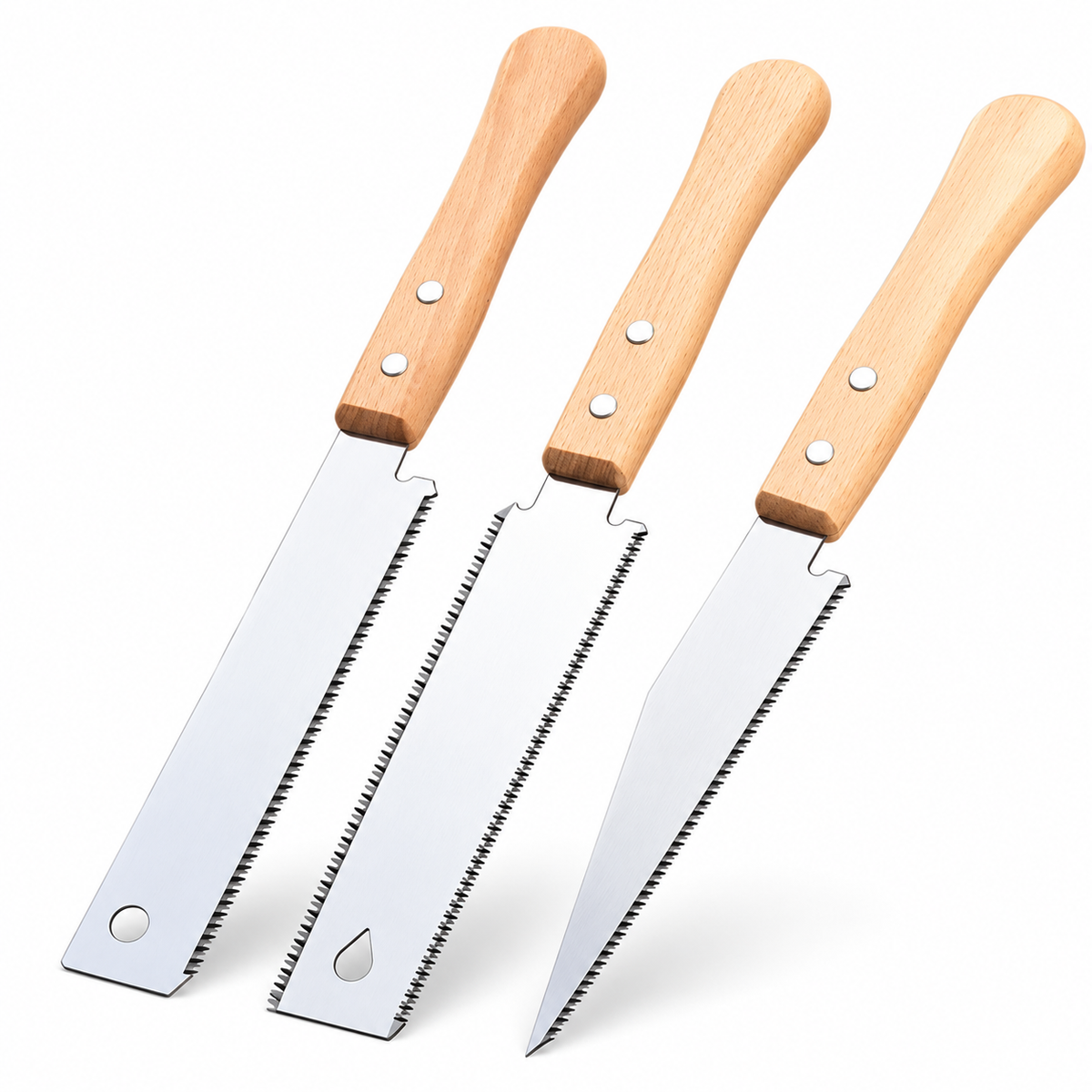Three wooden-handled Japanese pull saw models on white background