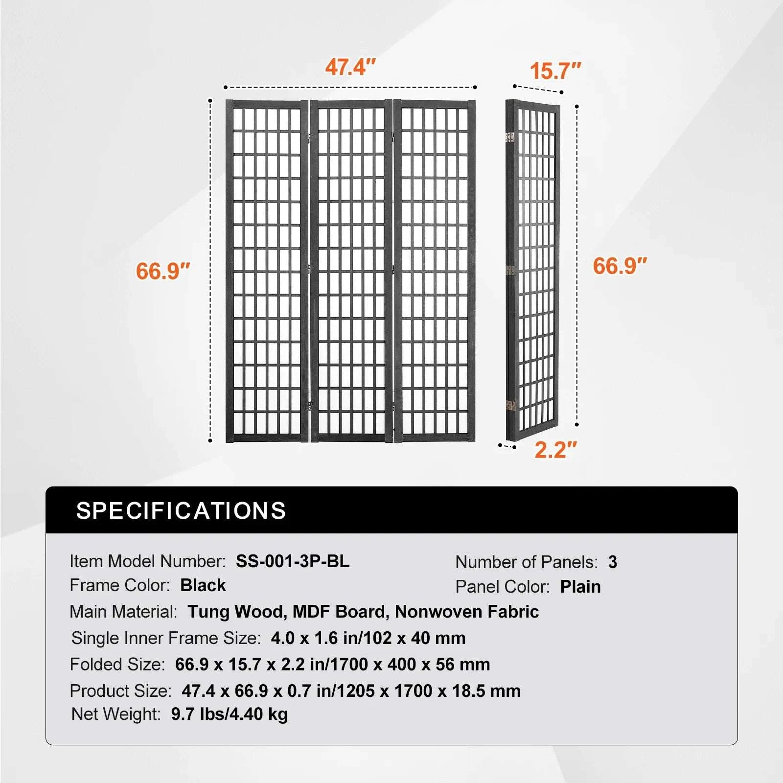 Japanese Wooden Folding Room Divider Privacy Screen Panels-3Panel Solid Color / United States