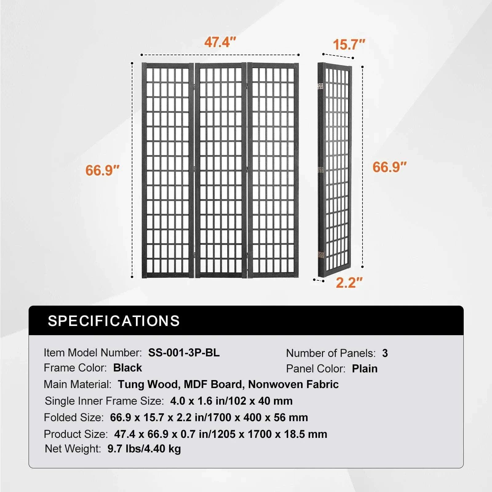 Japanese Wooden Folding Room Divider Privacy Screen Panels-3Panel Solid Color / United States
