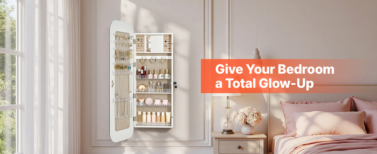 Full-Length Mirror Jewelry Cabinet with Lock & Hidden Storage