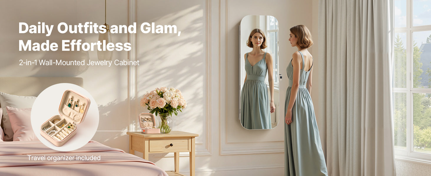Full-Length Mirror Jewelry Cabinet with Lock & Hidden Storage