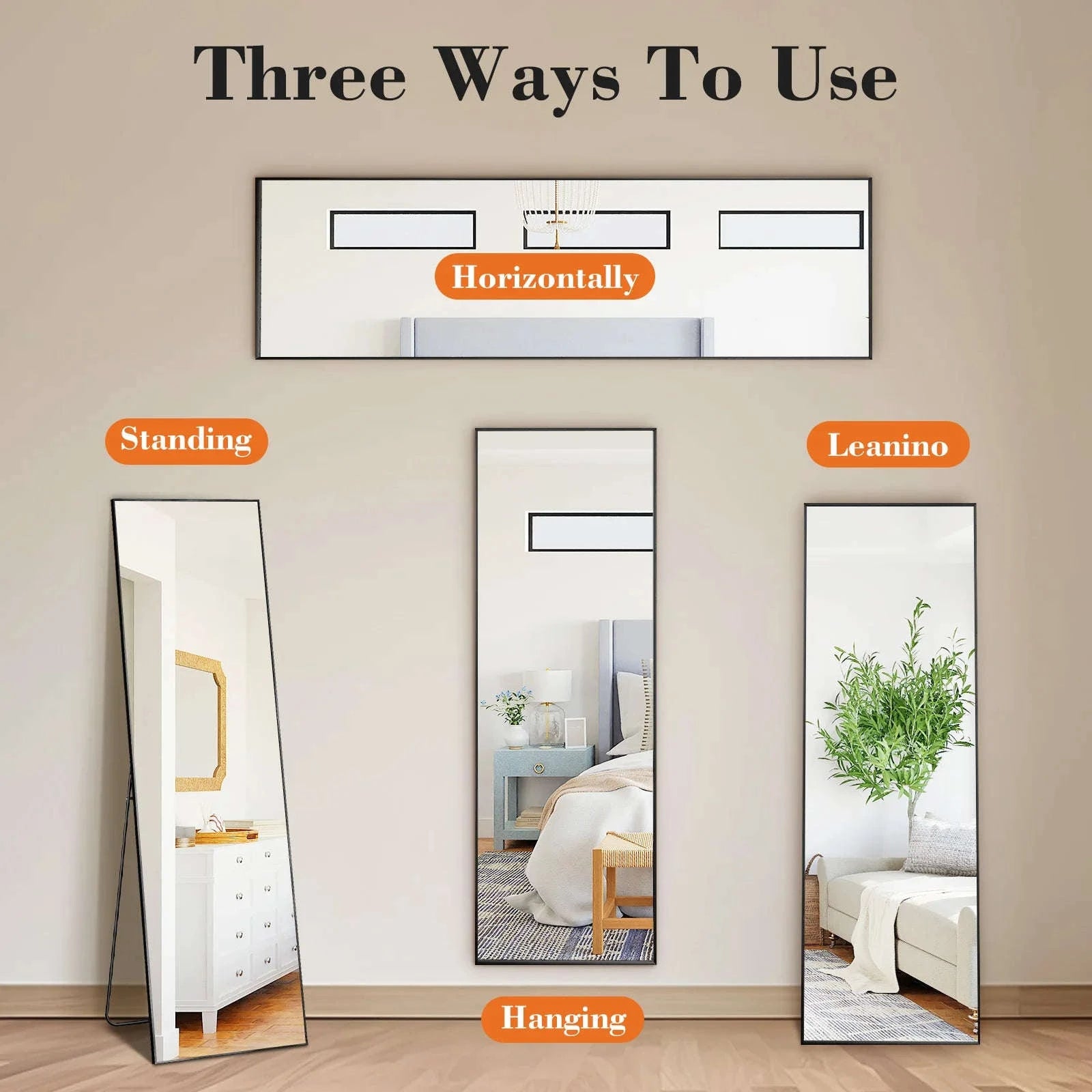 JHK 64" x 21" Full Body Wall Mirror with Aluminum Alloy Frame-Black-rectangle / United States