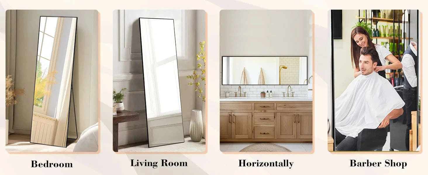JHK 64" x 21" Full Body Wall Mirror with Aluminum Alloy Frame-Black-rectangle / United States