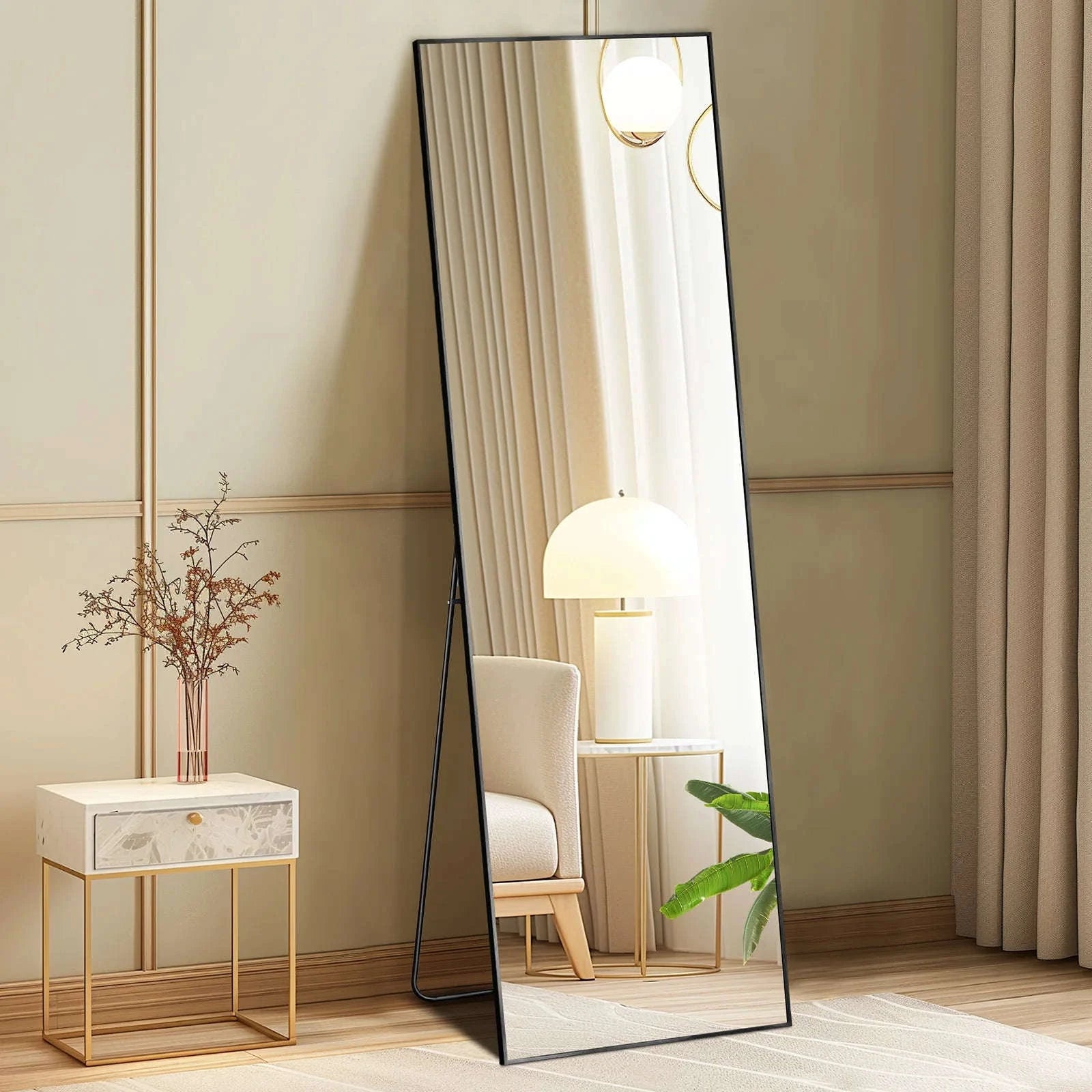 JHK 64" x 21" Full Body Wall Mirror with Aluminum Alloy Frame-Black-rectangle / United States