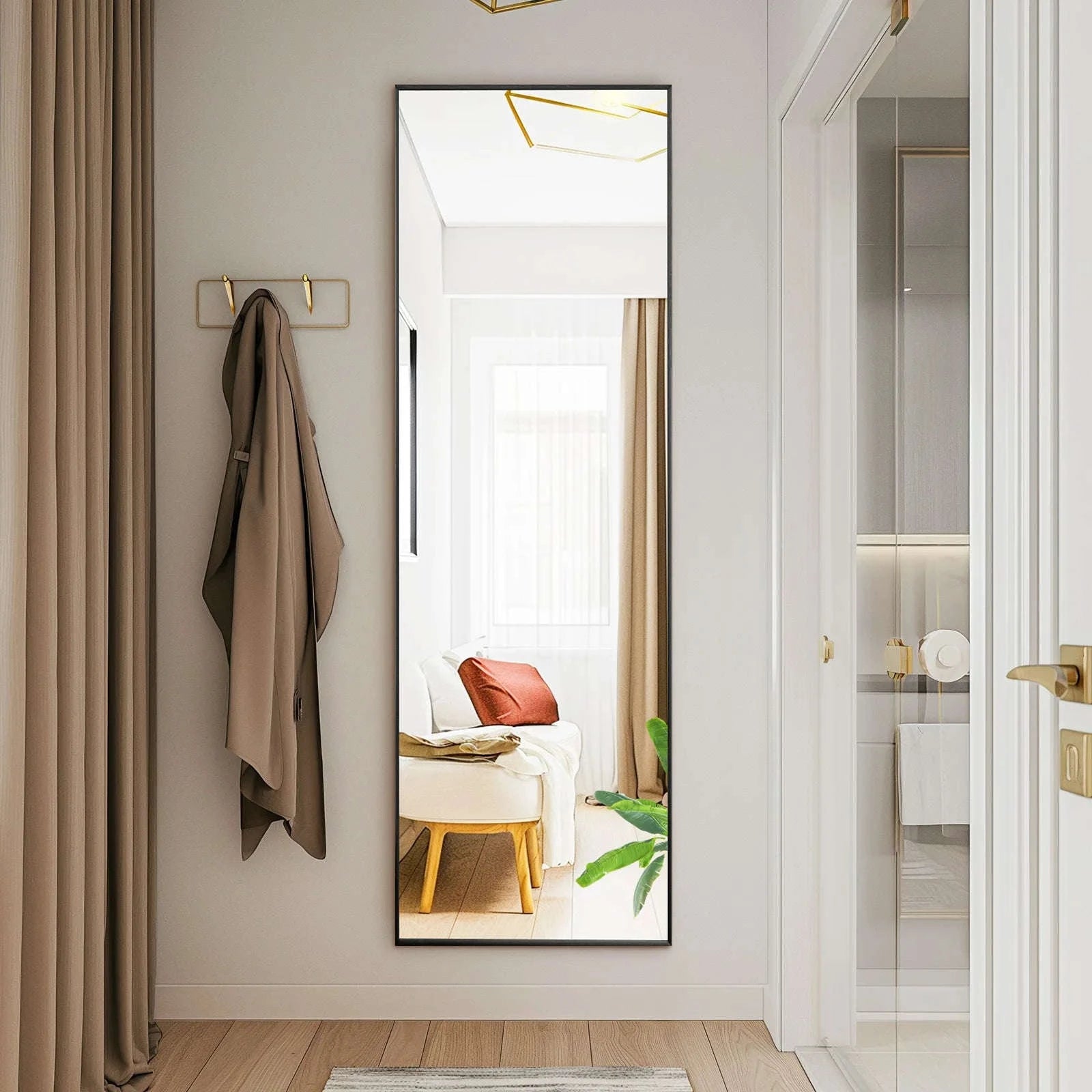 JHK 64" x 21" Full Body Wall Mirror with Aluminum Alloy Frame-Black-rectangle / United States