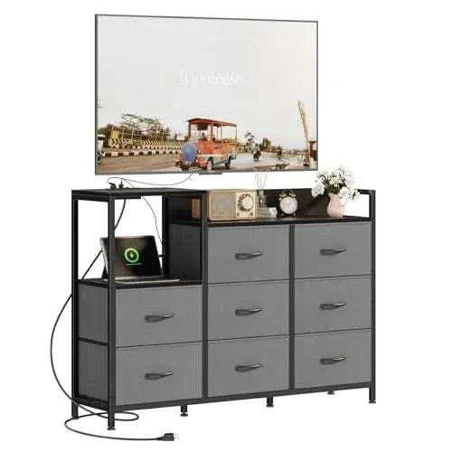 JHK Cabinet With 8 Fabric Drawers TV Stand Metal Frame With Charging Station Entertainment Center TV Storage Display Furniture-Ivory / United States