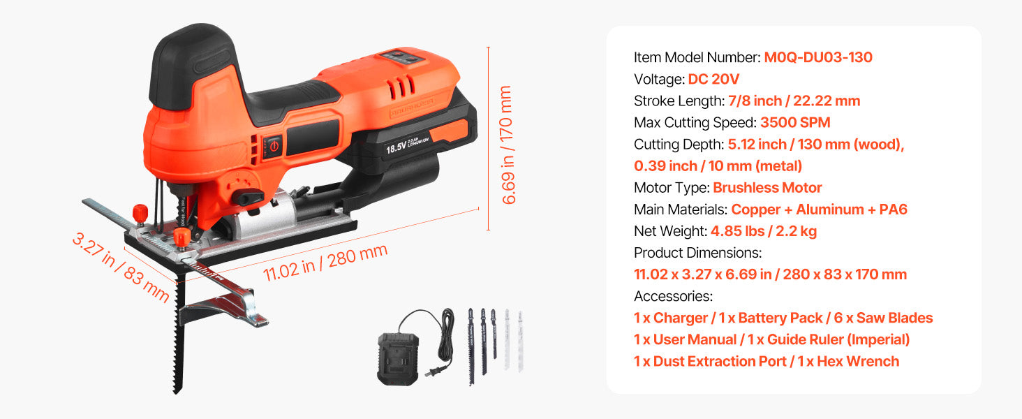 Cordless Jig Saw 3500 SPM with Variable Speeds & Orbital Settings