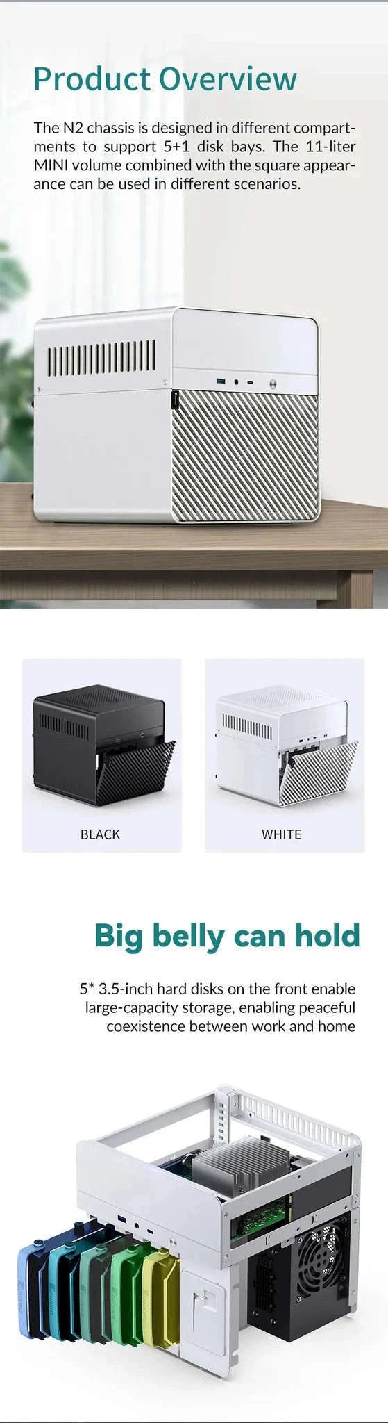 JONSBO N2 Mini ITX NAS Case with 5 Hot-Swap Bays and SFX Support-White